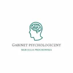 Logo gabinetu z profilem głowy i schematycznym mózgiem w kolorze zielonym, pod spodem napis 'Gabinet Psychologiczny' oraz 'Mgr Julia Prochowska'.