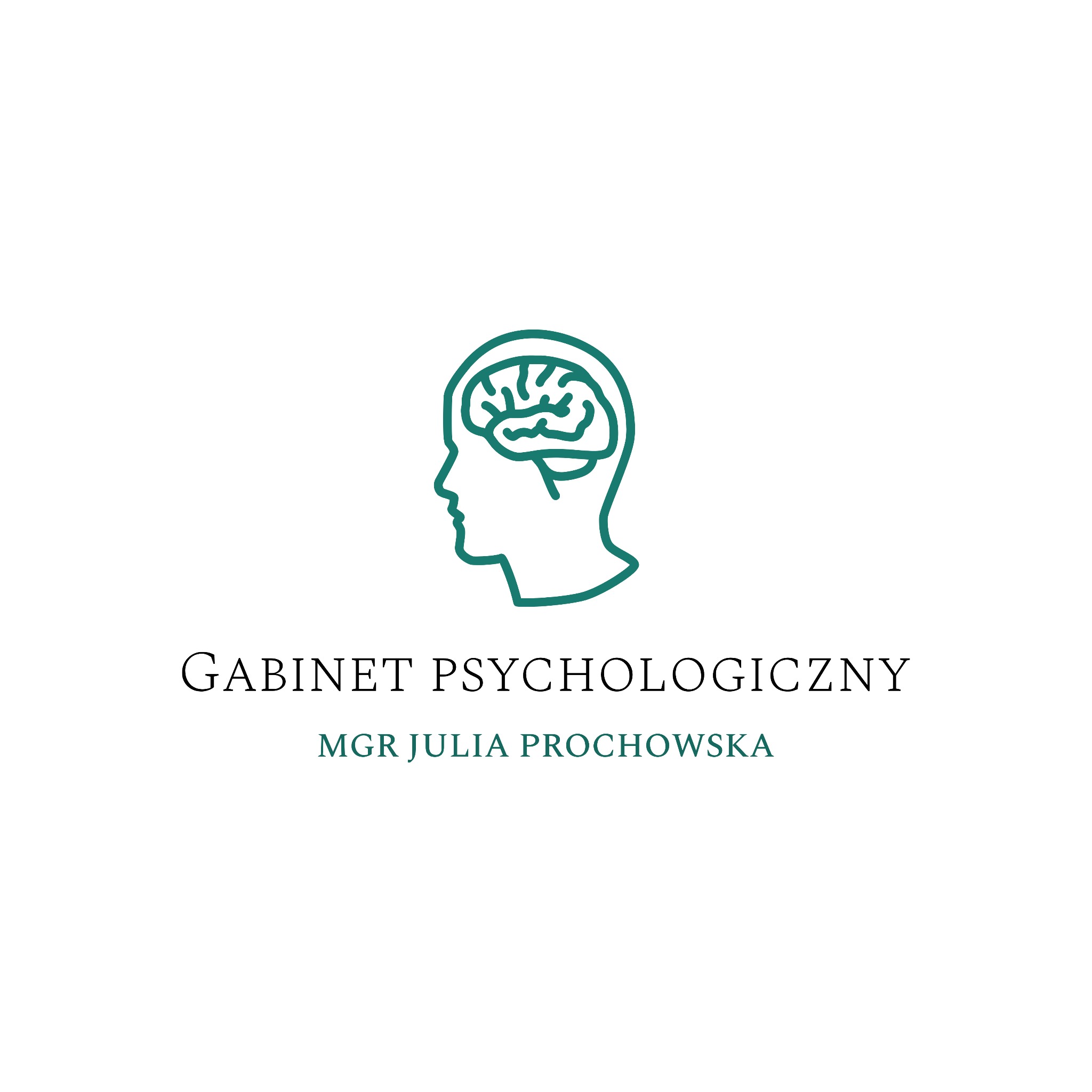 Logo gabinetu z profilem głowy i schematycznym mózgiem w kolorze zielonym, pod spodem napis 'Gabinet Psychologiczny' oraz 'Mgr Julia Prochowska'.