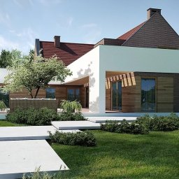 CustomMike - Wizualizacja nowoczesnego domu jednorodzinnego z płaskim dachem, drewnianą elewacją i dużymi oknami, otoczonego zielonym trawnikiem i drzewami, z betonowymi płytami prowadzącymi do wejścia.