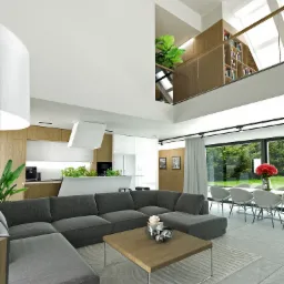 Przestronny salon z antresolą, szary narożnik, drewniany stolik kawowy z dekoracją, jadalnia z widokiem na zieleń, kuchnia z wyspą i drewnianymi elementami, oświetlenie punktowe.