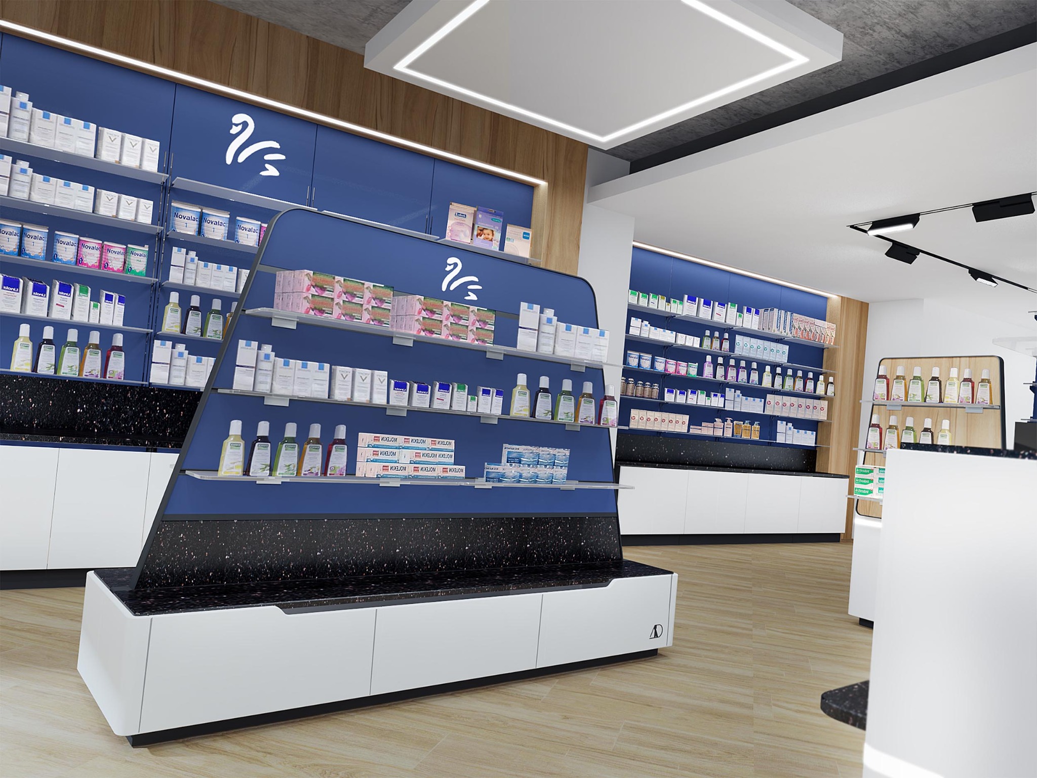 Wnętrze apteki z niebieskimi regałami i białymi szafkami, oświetlone ledowymi lampami sufitowymi. Na półkach widoczne różnorodne produkty farmaceutyczne i kosmetyczne, a na ścianach logo apteki...