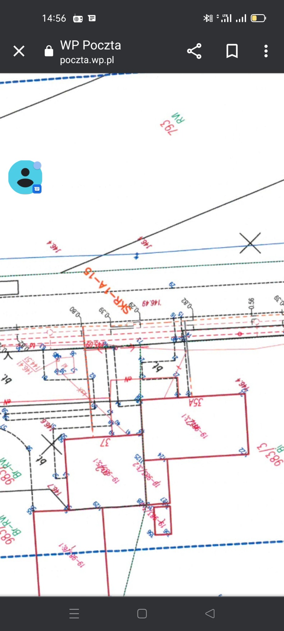Skan planu zagospodarowania przestrzennego z naniesionymi liniami telekomunikacyjnymi, widoczne numery działek i oznaczenia.