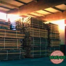 Stosy ciemnego drewna ułożone w równe paczki, spięte białymi taśmami w hali magazynowej z widoczną konstrukcją dachu.