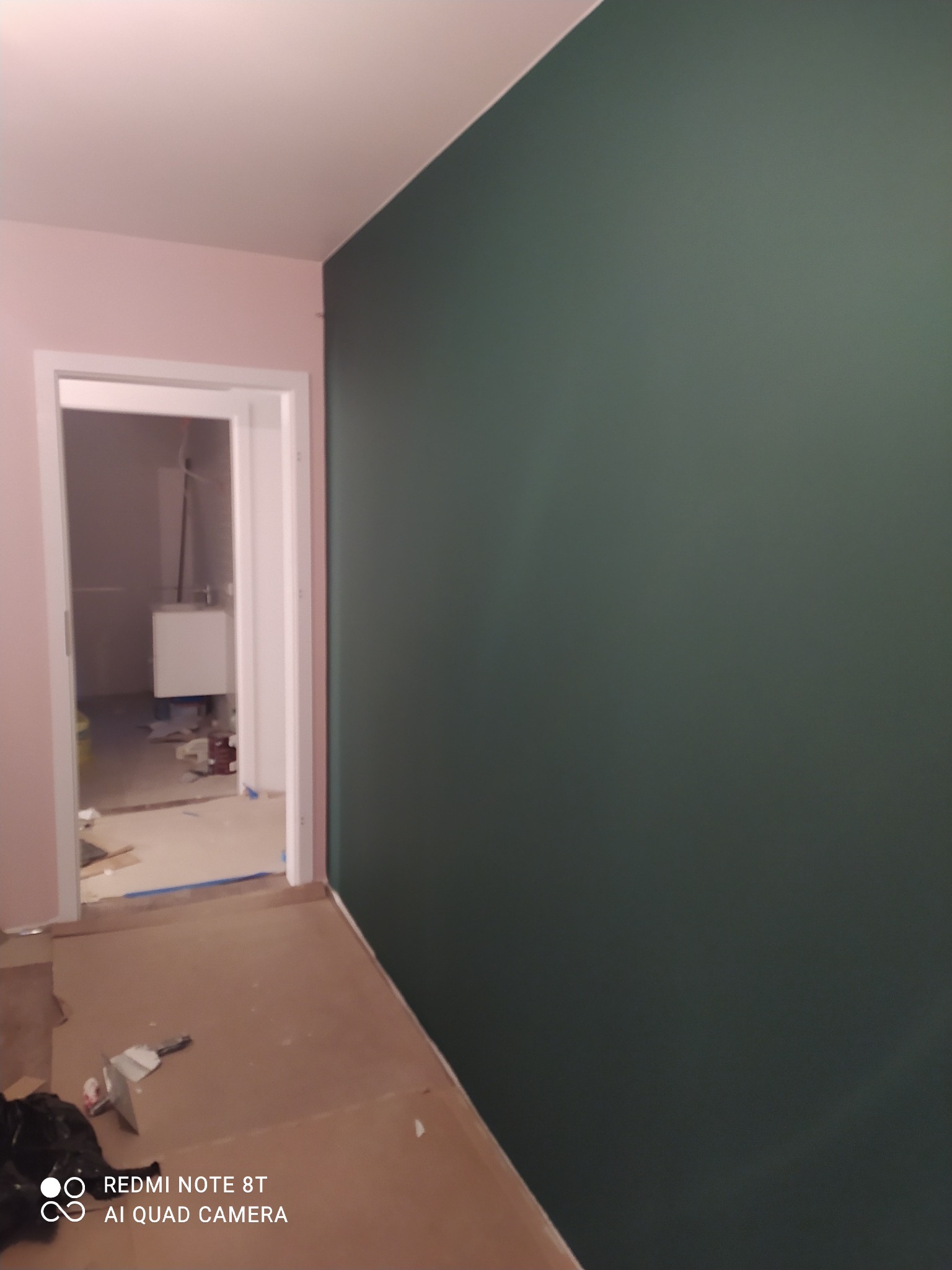 Świeżo pomalowany pokój z jedną ścianą w odcieniu ciemnej zieleni, widoczne narzędzia malarskie na podłodze, w tle otwarte drzwi do kolejnego pomieszczenia z widocznym sprzętem sanitarnym.