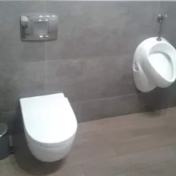 Nowoczesna łazienka z szarymi płytkami, wiszącą toaletą, pisuar i drewnopodobną podłogą, widoczny kosz na śmieci i szczotka do WC.