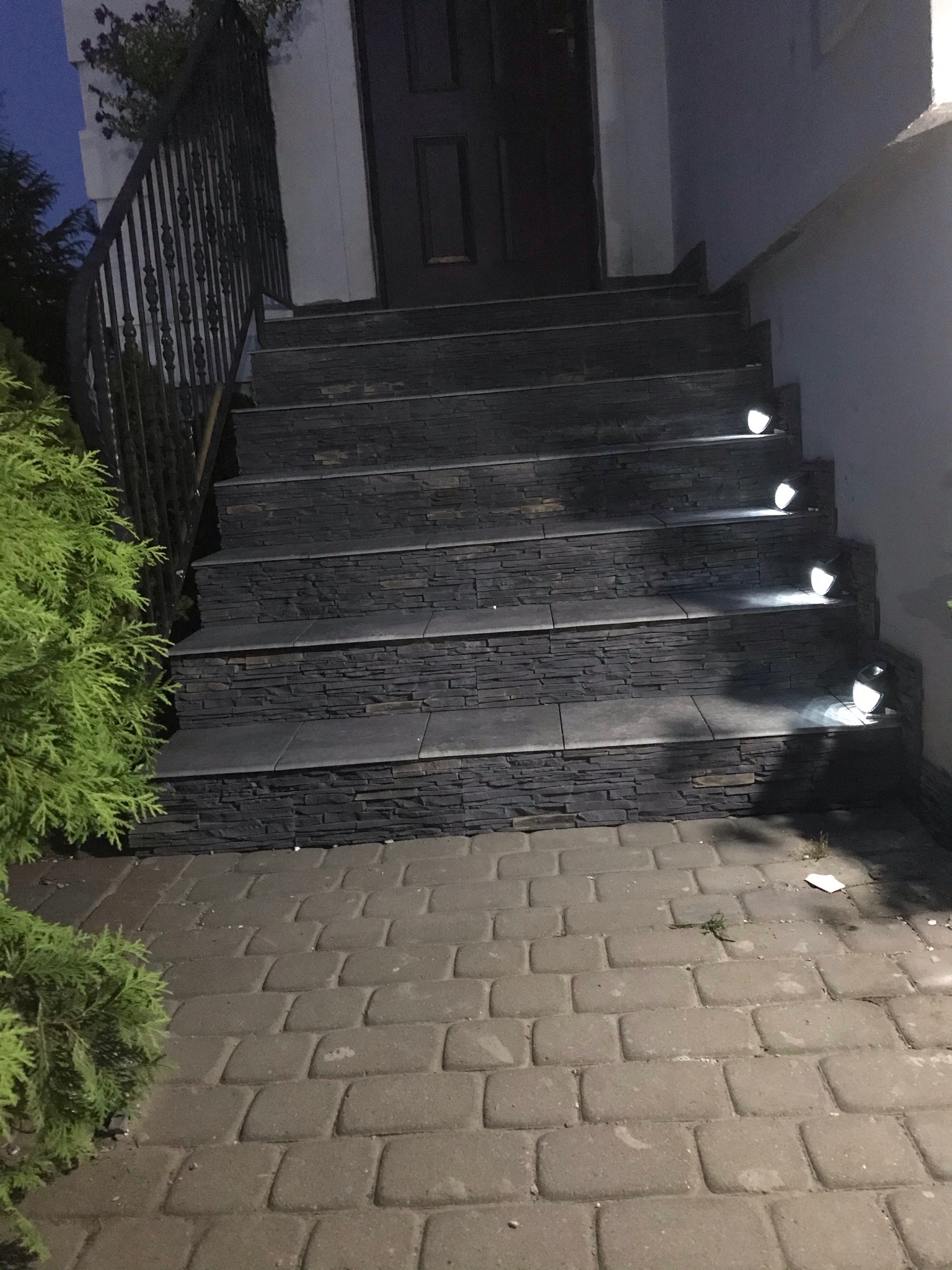 Zewnętrzne schody wejściowe wyłożone ciemnym kamieniem z wbudowanym oświetleniem punktowym, prowadzące do ciemnych drzwi wejściowych, z ozdobną metalową barierką po lewej stronie i brukowanym...