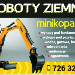 Grafika reklamowa z minikoparką ZR-15, informująca o ofercie wykopów pod fundamenty i przyłącza wodno-kanalizacyjne, z podanym numerem telefonu.