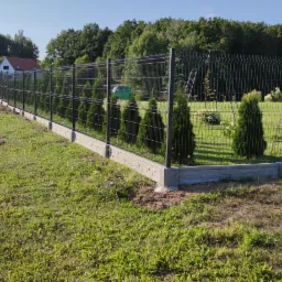 Nowoczesne ogrodzenie panelowe w kolorze grafitowym z podmurówką betonową, oddzielające posesję z tujami od polnej drogi.