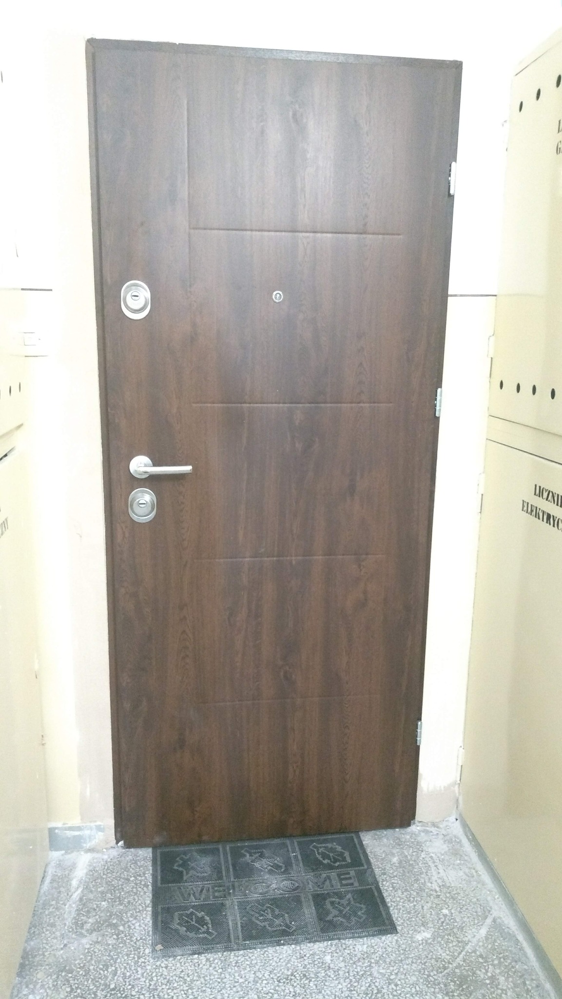Brązowe drzwi wejściowe z panelem dekoracyjnym, srebrną klamką i wizjerem, położone na szarej wycieraczce z napisem 'WELCOME' w korytarzu z licznikami elektrycznymi.