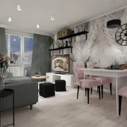 Wizualizacja jasnego salonu z sofą w odcieniach szarości, białym stolikiem kawowym, czarnymi pufami i jadalnią z białym stołem oraz różowymi krzesłami na tle ściany z motywem palmowym...