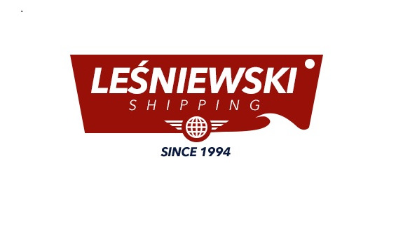 Logo firmy Leśniewski Shipping z napisem 'Since 1994', stylizowane na czerwonym tle z symbolem globu i falą.