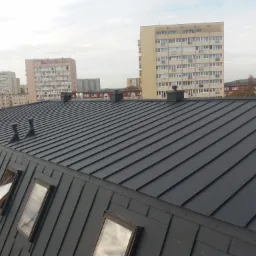 Ciemnoszary dach z blachy na budynku mieszkalnym, widoczne okna dachowe, kominki wentylacyjne i budynki w tle.