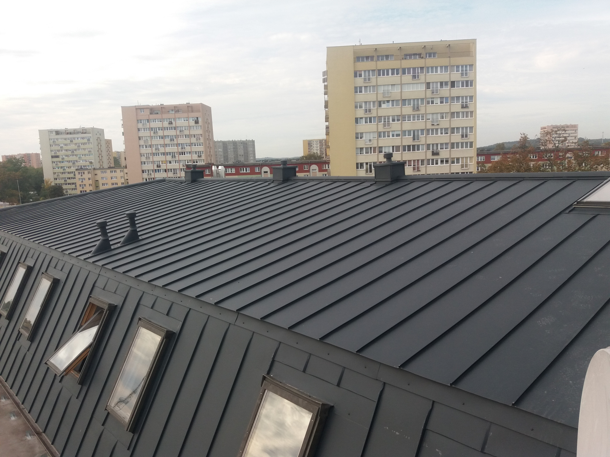 Ciemnoszary dach z blachy na budynku mieszkalnym, widoczne okna dachowe, kominki wentylacyjne i budynki w tle.