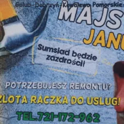 Reklama usług remontowych w Toruniu z poziomnicą, młotkiem i hasłem 'Złota rączka do usług!'