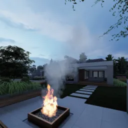 Nowoczesny ogród z paleniskiem w metalowej obudowie, drewnianymi ławkami, ścieżką z płyt i zapasem drewna, widok na minimalistyczny dom z tarasem.