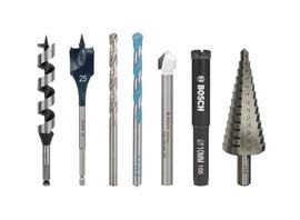 Zestaw różnorodnych wierteł do drewna i glazury, w tym wiertło spiralne, łopatkowe, uniwersalne, do glazury marki Bosch oraz stożkowe, na białym tle.