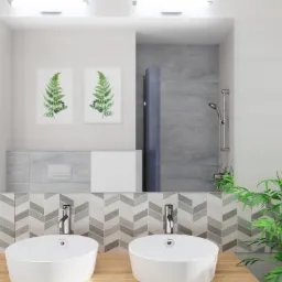 Nowoczesna łazienka w Gdańsku z dwiema białymi umywalkami nablatowymi na drewnianym blacie, wzorzystą mozaiką na ścianie, lustrem odbijającym prysznic i dekoracyjnymi grafikami z motywem paproci.