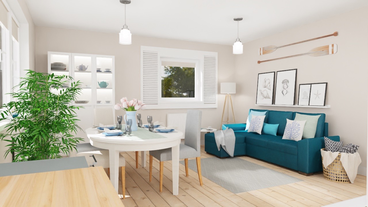 Jasne wnętrze jadalni z turkusową sofą, białym okrągłym stołem z nakryciem w pastelowych kolorach, dekoracyjnymi wiosłami na ścianie i dużą rośliną doniczkową.