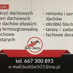 Wizytówka firmy Bud-Dach prezentująca zakres usług: montaż pokryć dachowych, okien dachowych, docieplanie dachów płaskich, krycie papą termozgrzewalną, podbitki dachowe, renowacja starych dachów...