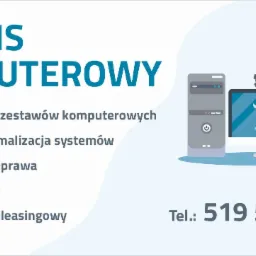 Grafika reklamowa serwisu komputerowego: komputer stacjonarny, monitor z narzędziami, płyta główna, zębatki i numer telefonu.
