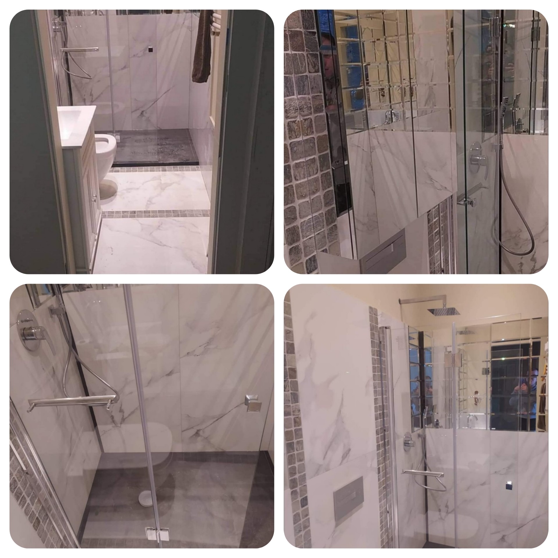 Wykończona łazienka w Warszawie z kabiną prysznicową typu walk-in, wykończona płytkami imitującymi marmur, z elementami dekoracyjnymi w postaci mozaiki.