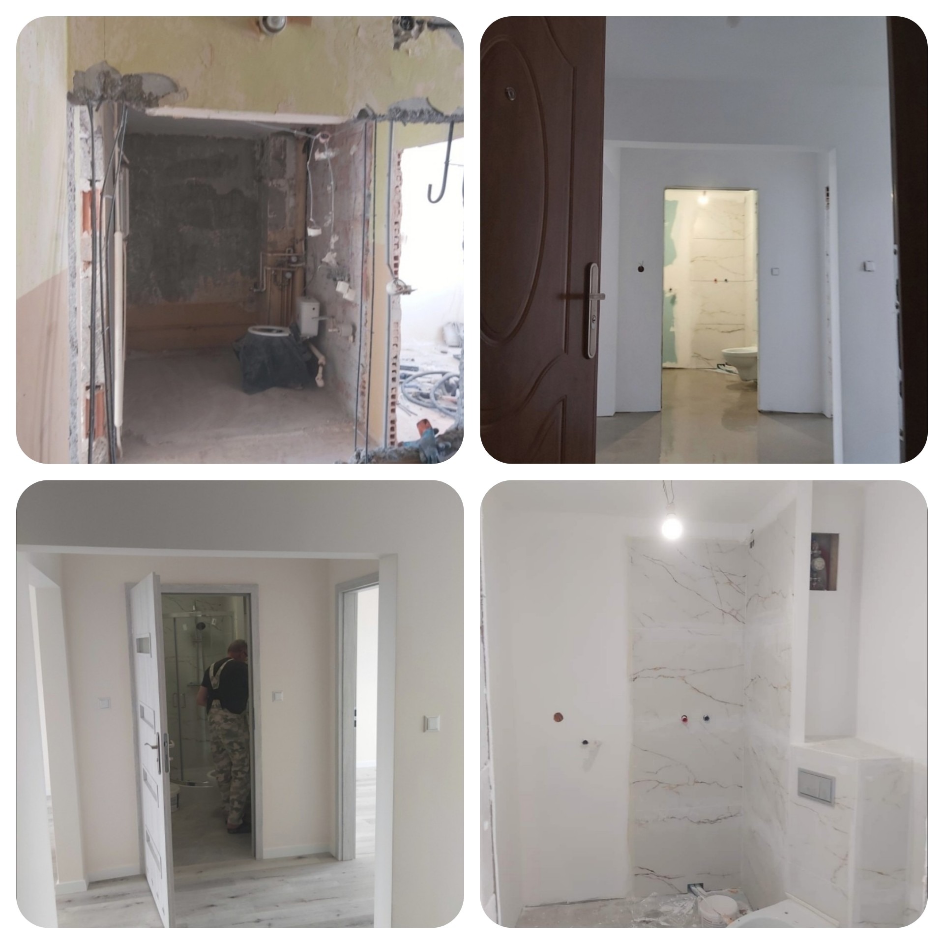 Kolaż czterech zdjęć przedstawiających etapy remontu łazienki: stan surowy z odsłoniętymi instalacjami, widok z nowymi drzwiami wejściowymi, wykończona łazienka z kabiną prysznicową i pracownikiem...