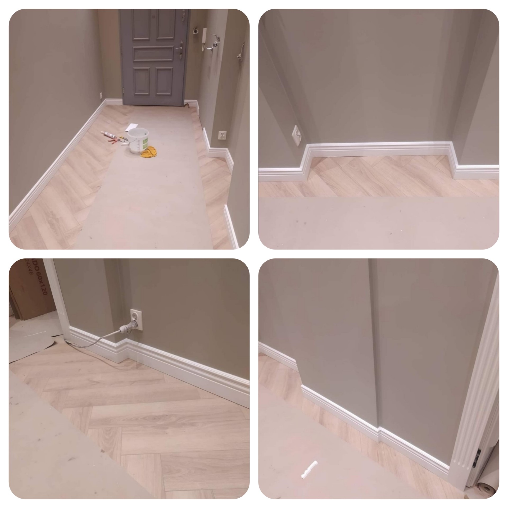 Korytarz w trakcie układania jasnych paneli w jodełkę francuską, widoczne listwy przypodłogowe, zabezpieczona podłoga, narzędzia i materiały budowlane na podłodze.