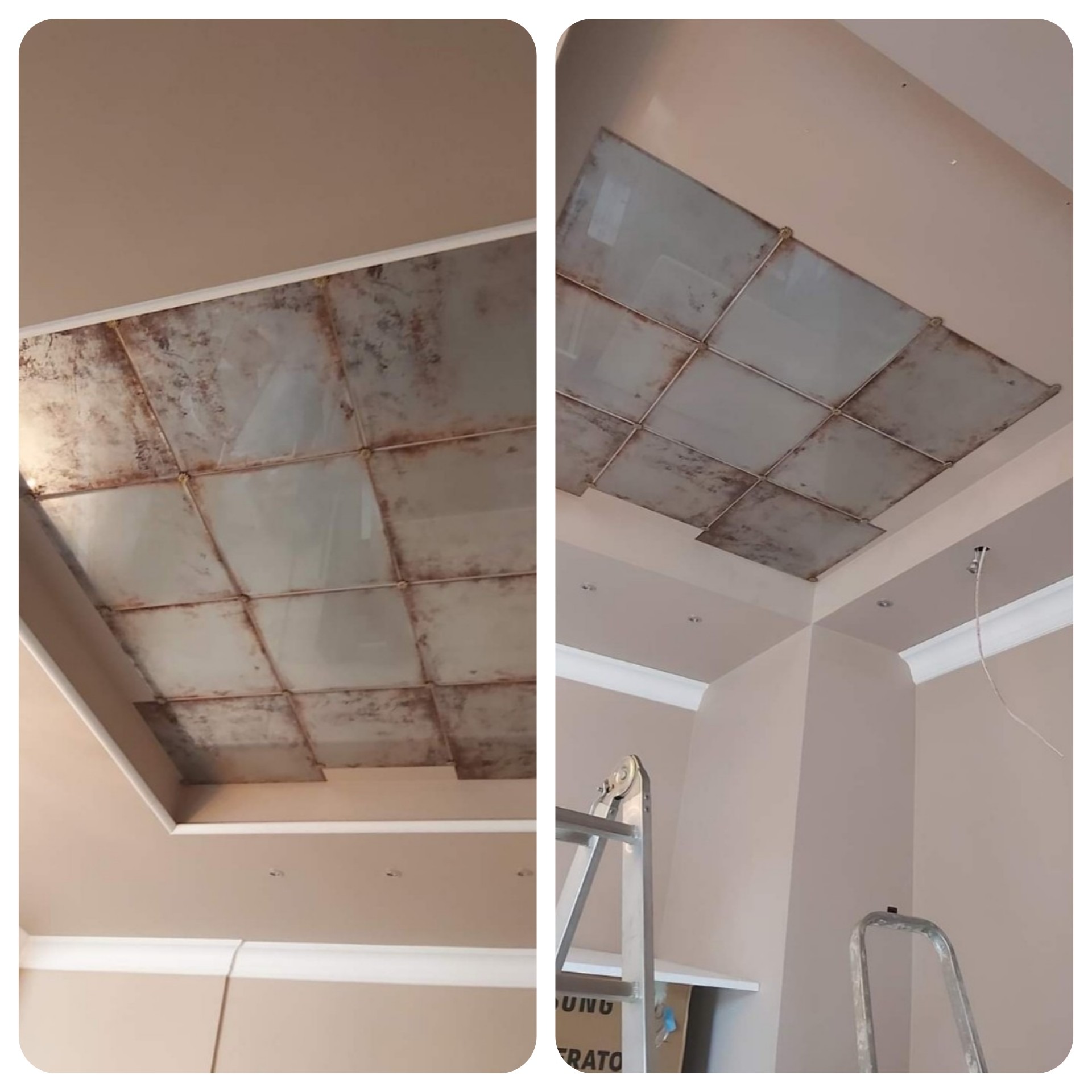 Nietypowe wykończenie sufitu z kwadratowych paneli o postarzanej fakturze, widoczne elementy instalacji elektrycznej i drabina malarska.