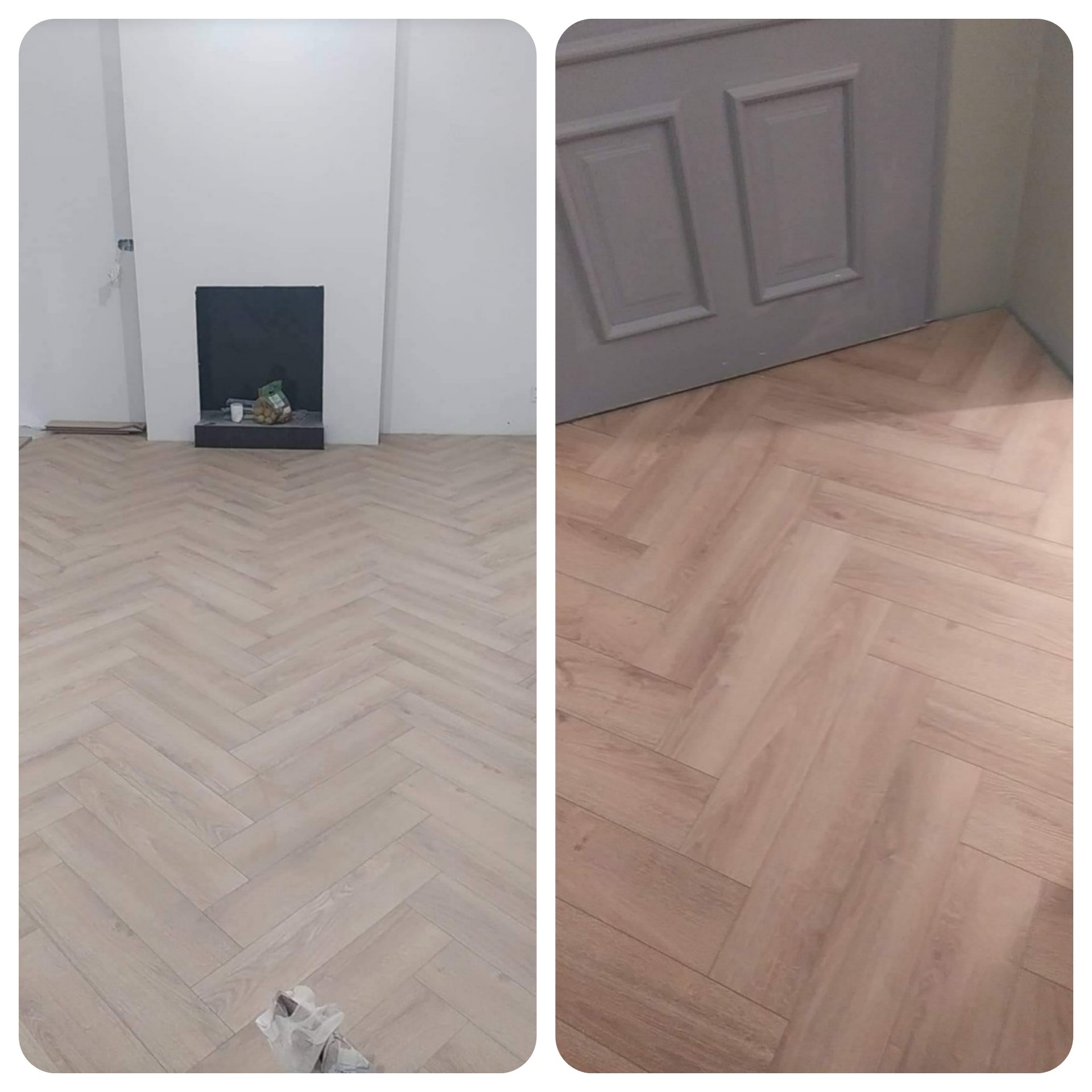 Jasne panele ułożone we wzór jodełki francuskiej w pokoju z białymi ścianami i czarnym kominkiem, widok z góry na fragment podłogi przy szarych drzwiach.