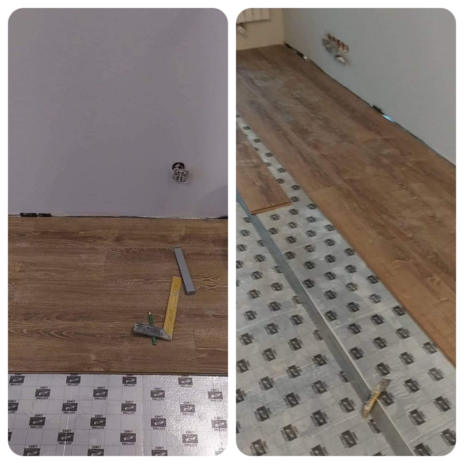 Fragment podłogi w trakcie montażu paneli: widoczne panele podłogowe z drewnianym wzorem, podkład z nadrukiem 'CUTTING LINES', miarka kątowa i listwa przypodłogowa.