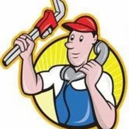 Karykaturalny hydraulik z Lublina w czerwonej czapce, trzymający klucz francuski i słuchawkę telefoniczną, umieszczony w żółtej elipsie.