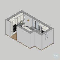 Zula Studio Urszula Buszta - Wizualizacja 3D kuchni z białymi szafkami, czarnym piekarnikiem, szarą podłogą i blatem, oraz lampką w kształcie grzybka na ścianie, widok z góry.