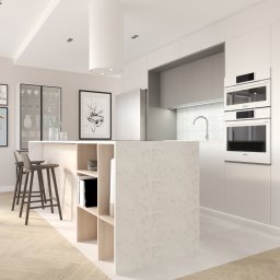 Wizualizacja kuchni z wyspą.