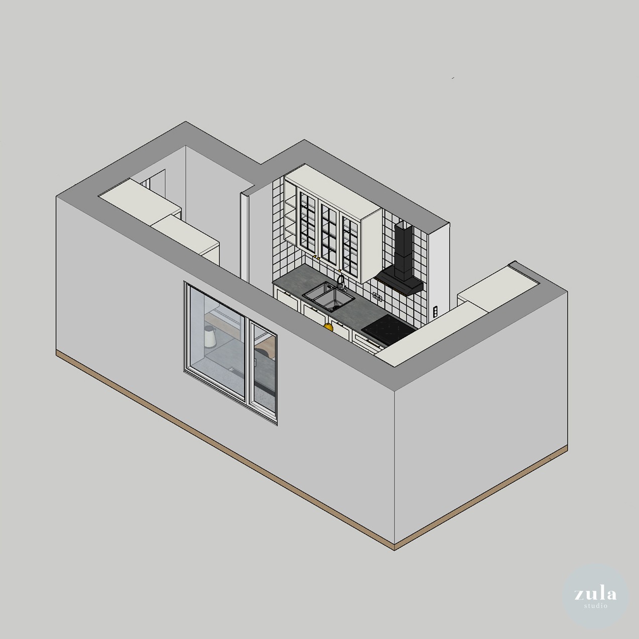 Wizualizacja 3D kuchni z oknem, białymi szafkami z przeszklonymi frontami, szarym blatem, czarną płytą grzewczą i okapem, widok z góry.