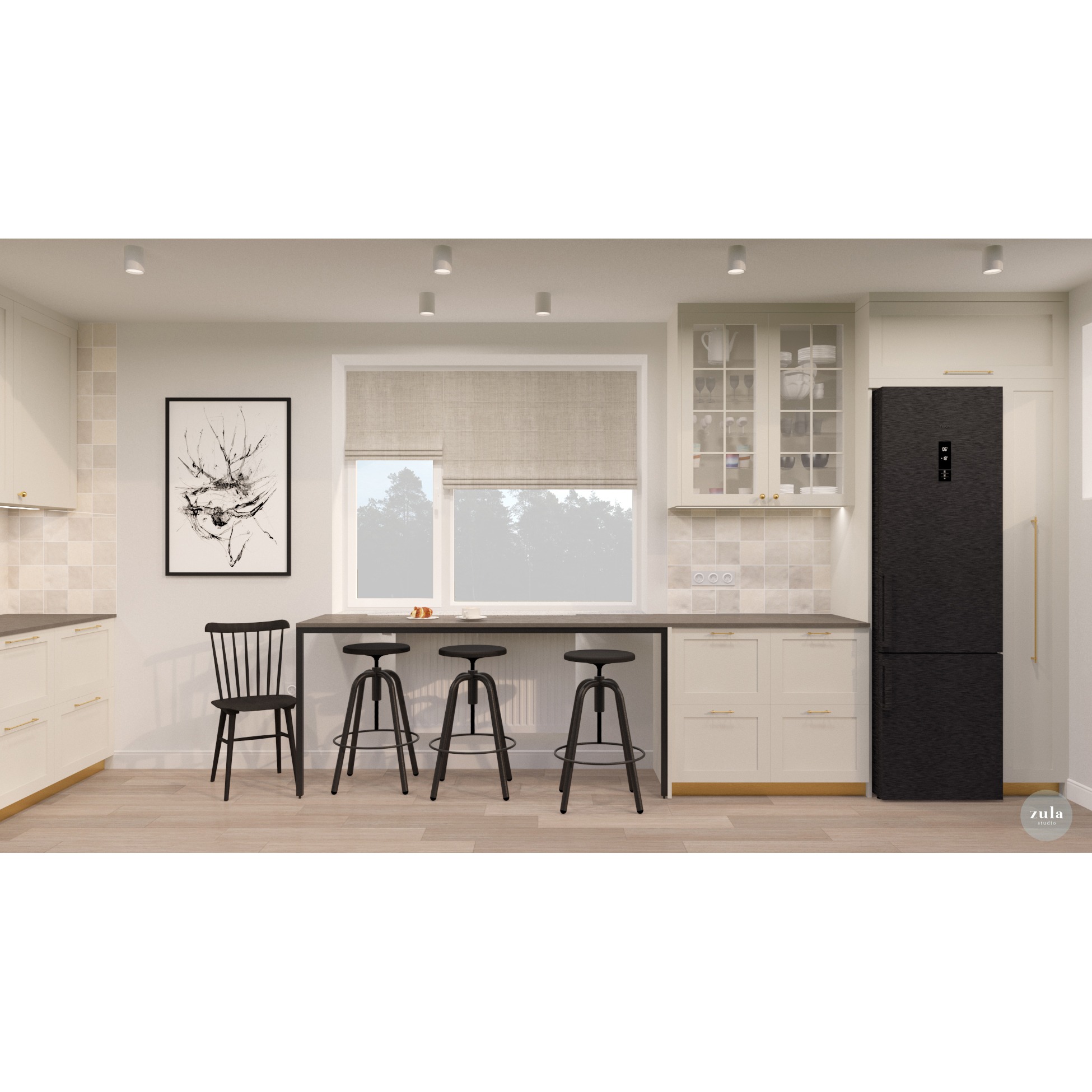 Wnętrze kuchni w jasnych barwach z czarnym, nowoczesnym sprzętem AGD i barkiem z trzema hokery. Na ścianie abstrakcyjny obraz w czarnej ramie.