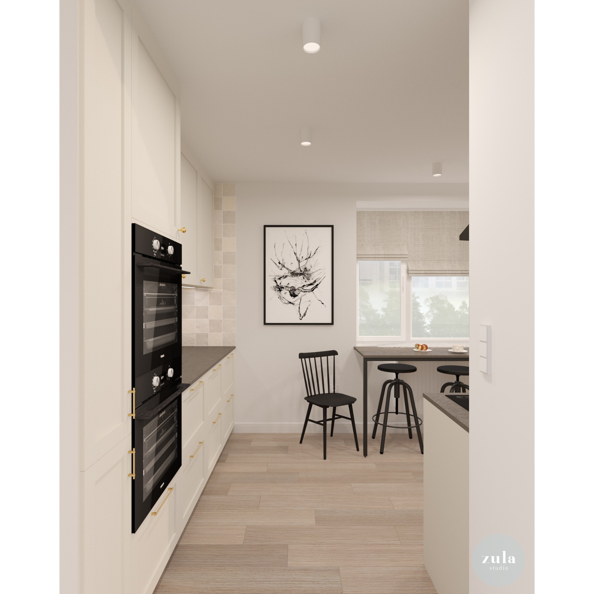Wnętrze kuchni w jasnych barwach z zabudową kuchenną, czarnym piekarnikiem, drewnianą podłogą, stołem barowym z krzesłami i abstrakcyjnym obrazem na ścianie.