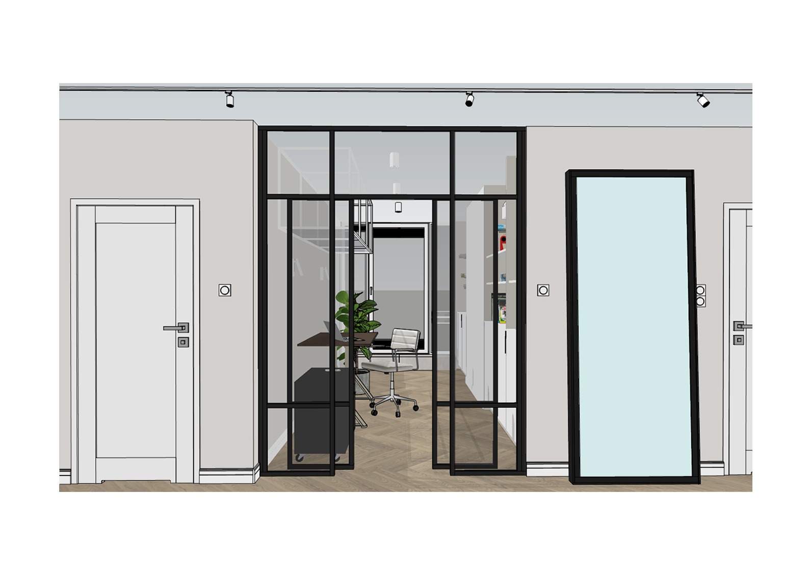 Wizualizacja gabinetu z przeszklonymi drzwiami przesuwnymi w czarnej ramie, widok na biurko z rośliną i krzesło biurowe na parkiecie.
