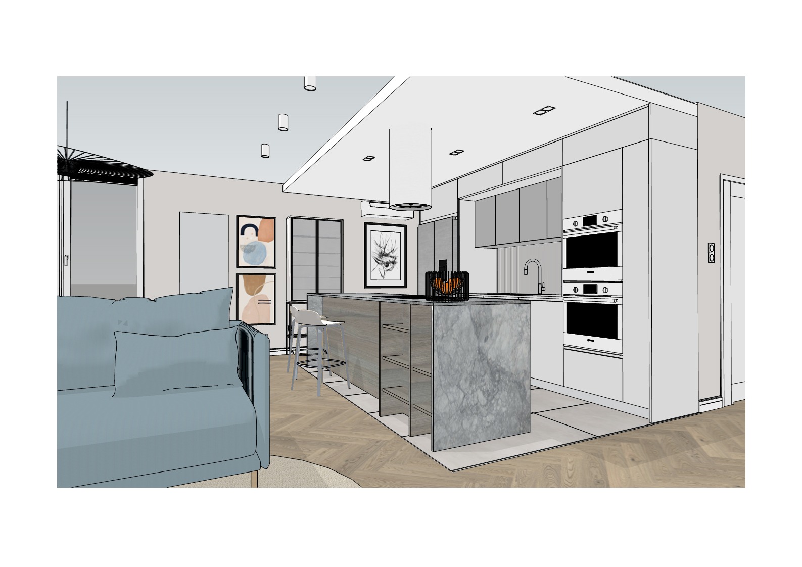 Prosta wizualizacja-widok na wyspę kuchenną.