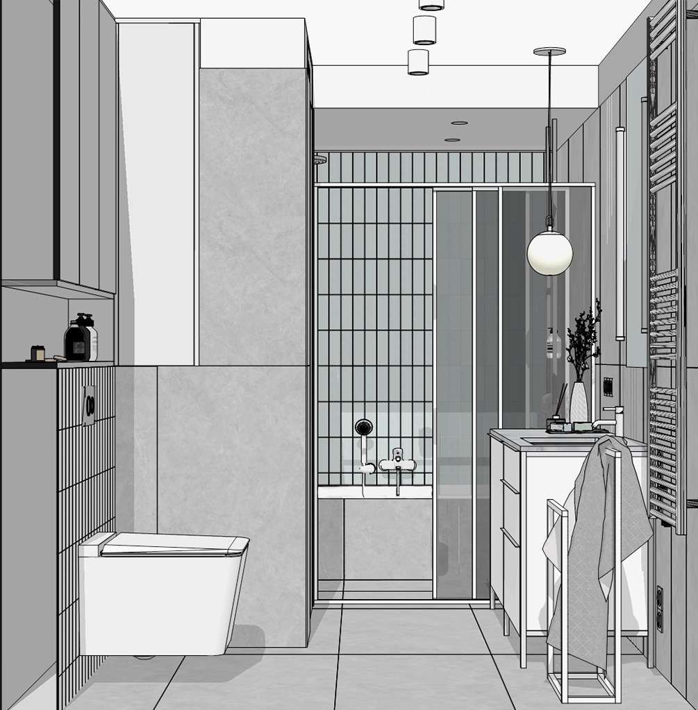 Wizualizacja minimalistycznej łazienki w Krakowie z kabiną prysznicową wyłożoną pionowymi płytkami, podwieszaną toaletą i wiszącą lampą kulą.