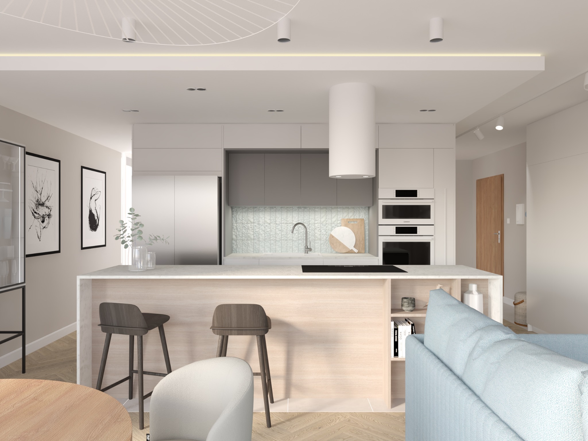 Wizualizacja kuchni z wyspą.