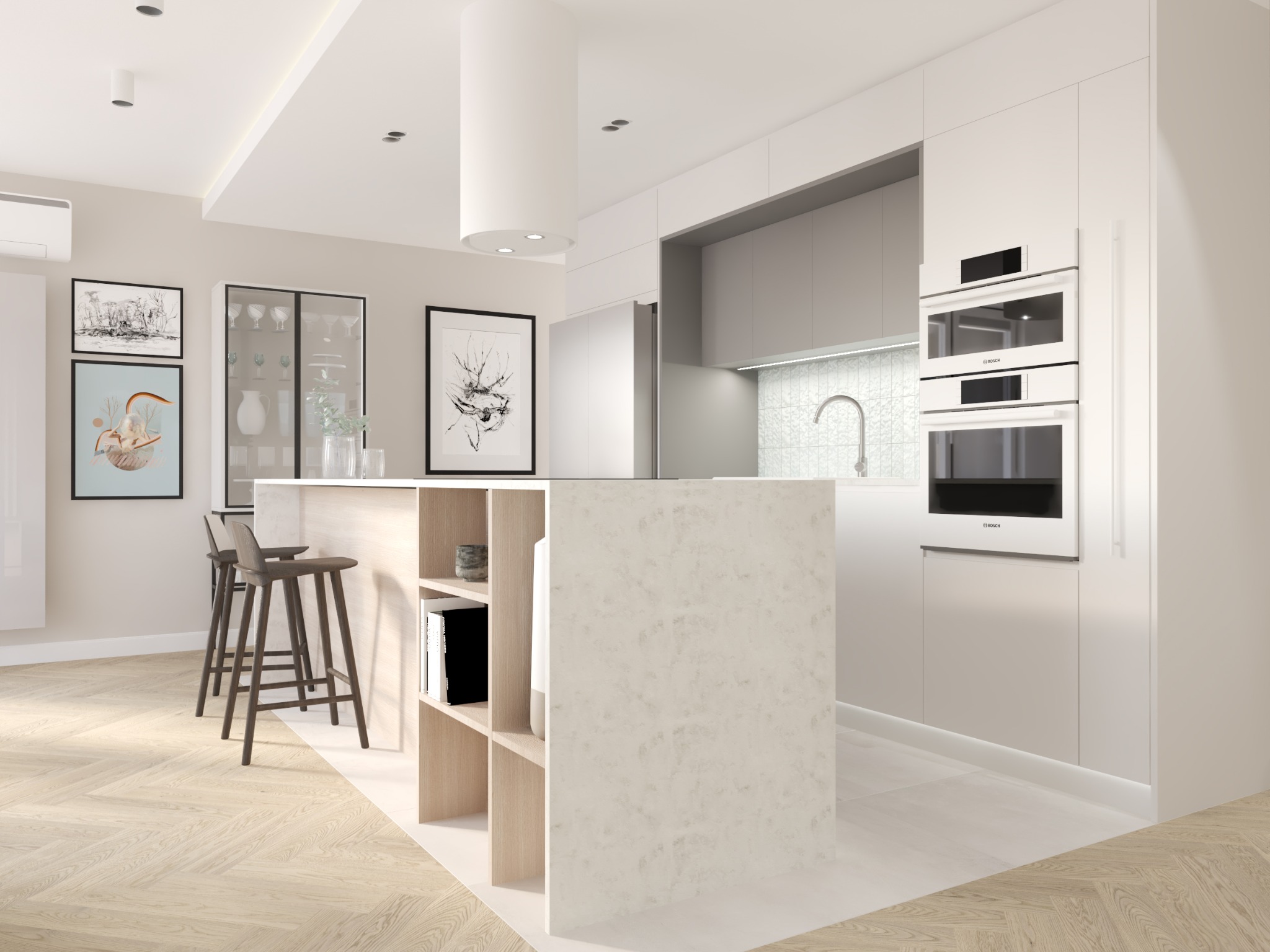Wizualizacja nowoczesnej kuchni z wyspą, drewnianymi hokerami i parkietem w jodełkę, oświetlona cylindryczną lampą sufitową i wyposażona w białe szafki z wbudowanymi piekarnikami Bosch.