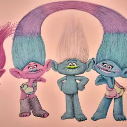 Malowidło ścienne przedstawiające postacie z bajki Trolle w pastelowych kolorach, z brokatowymi detalami na ubraniach i włosach, na jasnoróżowym tle.