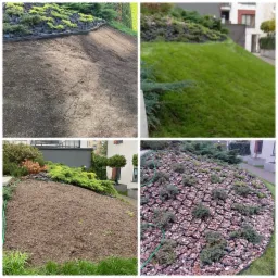 Cztery ujęcia: przygotowanie terenu pod trawnik z rolki, ułożony trawnik na zboczu, przygotowanie podłoża z systemem nawadniania i kamieniami, ułożony system drenażowy z roślinami.