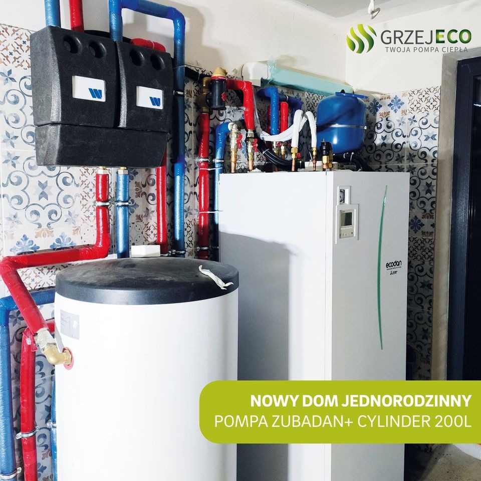 Zestaw instalacji grzewczej z pompą ciepła Zubadan i cylindrem 200L w kotłowni, widoczne liczne rury w kolorach czerwonym i niebieskim, czarne regulatory, biały zbiornik i jednostka pompy ciepła...