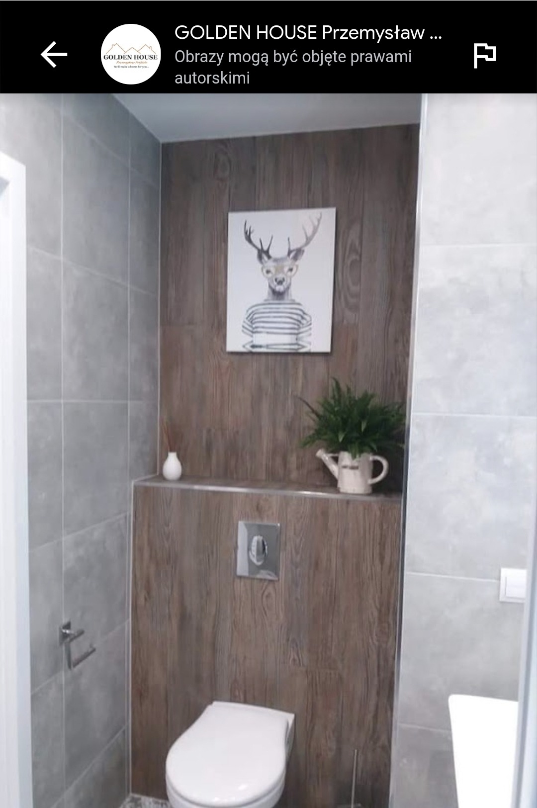 Nowoczesna toaleta w Zielonej Górze z szarymi płytkami, drewnopodobną zabudową, wiszącą miską WC, srebrnym przyciskiem spłukującym i dekoracjami: obrazkiem jelenia w koszulce oraz rośliną w konewce.