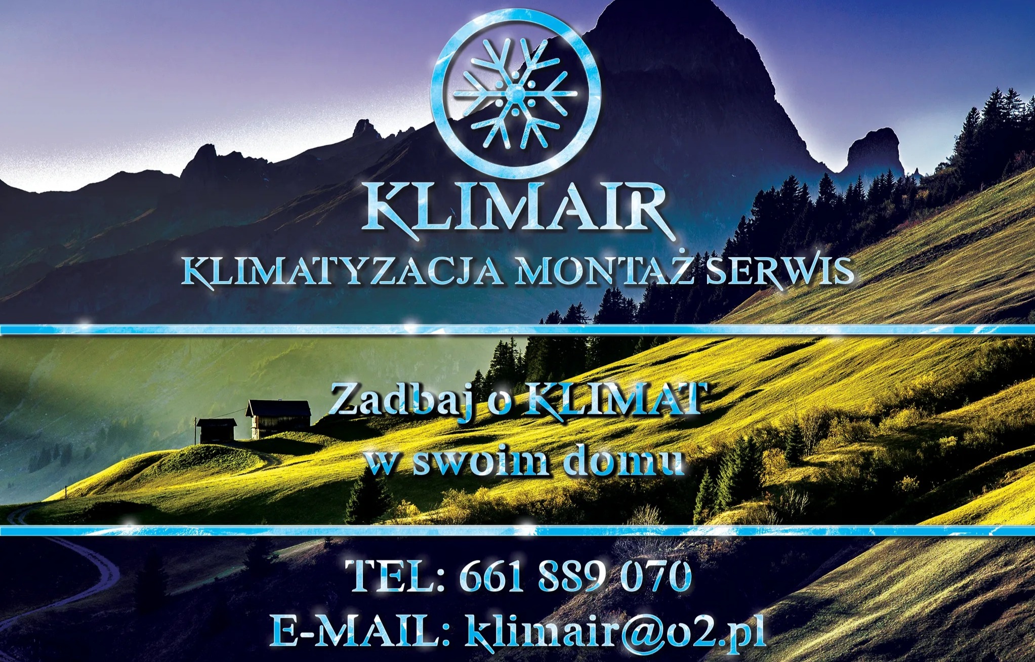 Grafika reklamowa firmy Klimair z logo w kształcie śnieżynki na tle górskiego krajobrazu, z hasłem 'Zadbaj o klimat w swoim domu' i danymi kontaktowymi.