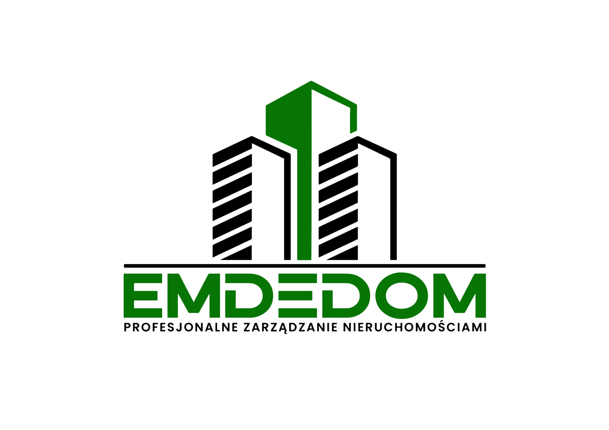 Logo firmy Emdedom z zielonym akcentem i czarnymi budynkami, pod spodem napis: Profesjonalne zarządzanie nieruchomościami.