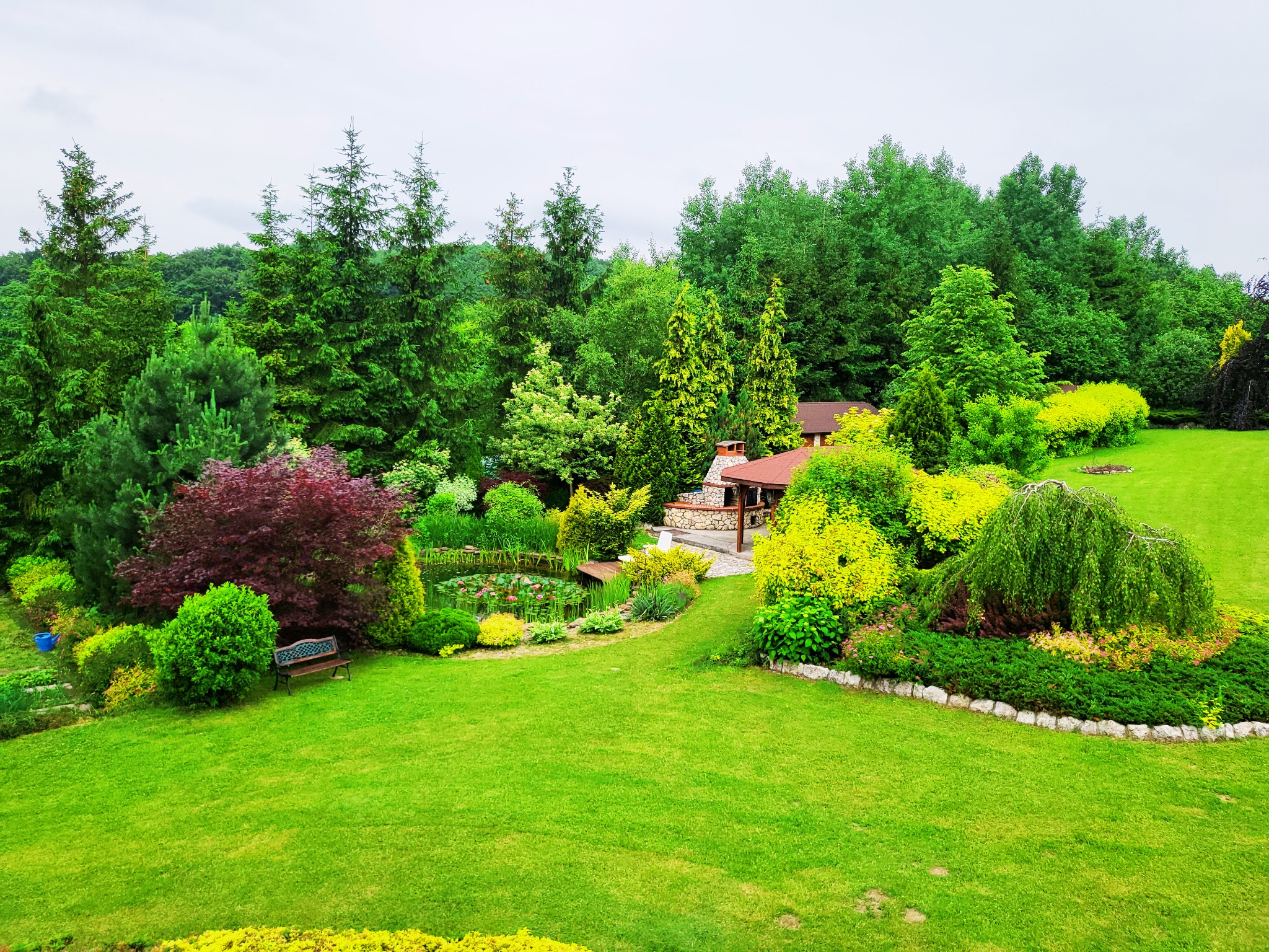 Widok z góry na zadbany ogród z różnorodną roślinnością, oczkiem wodnym z liliami i altaną w tle, otoczony drzewami iglastymi i liściastymi.