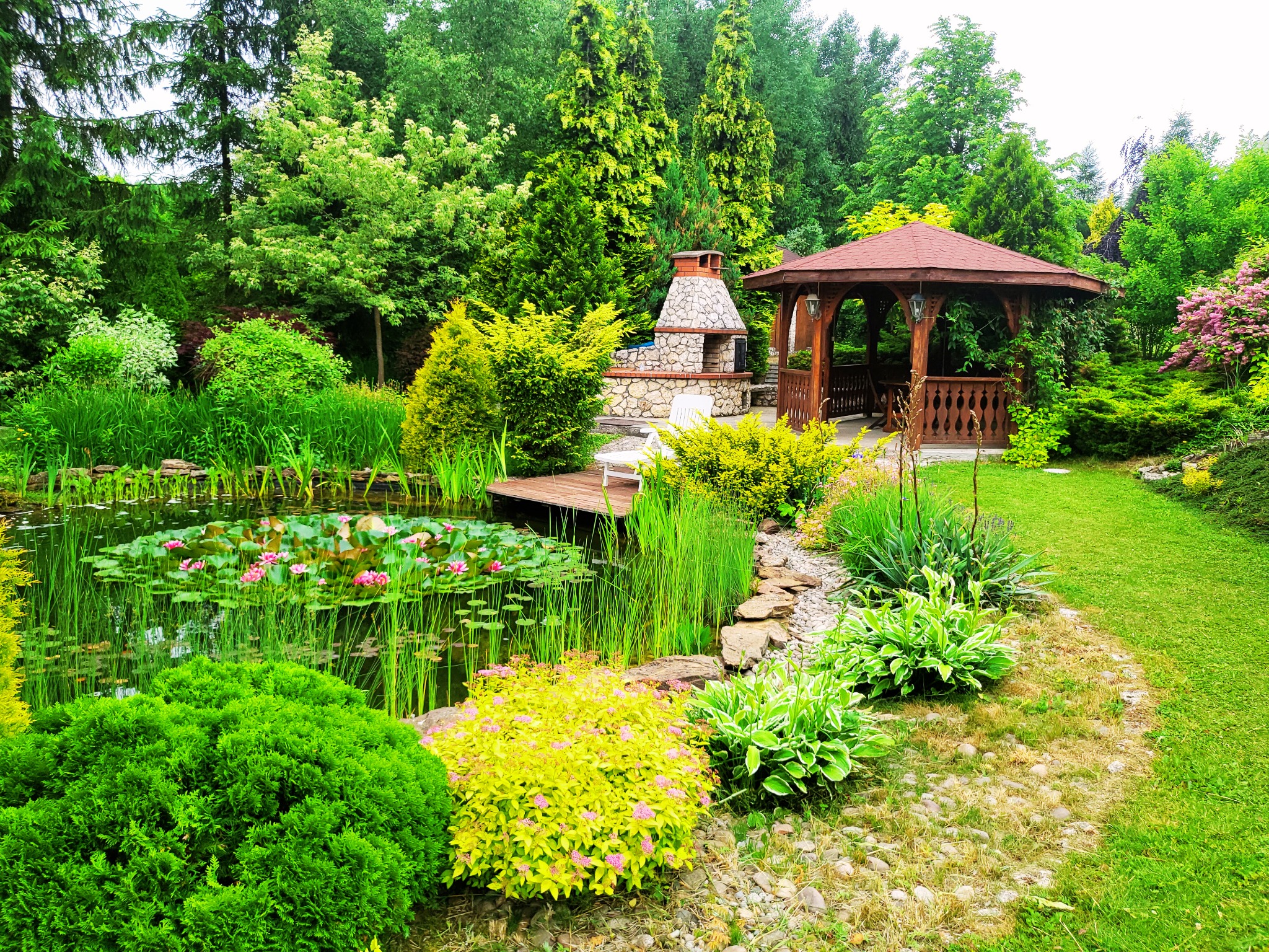 Malowniczy ogród z oczkiem wodnym, kwitnącymi liliami wodnymi, drewnianą altaną i grillem z kamienia w tle, otoczony bujną zielenią drzew i krzewów.