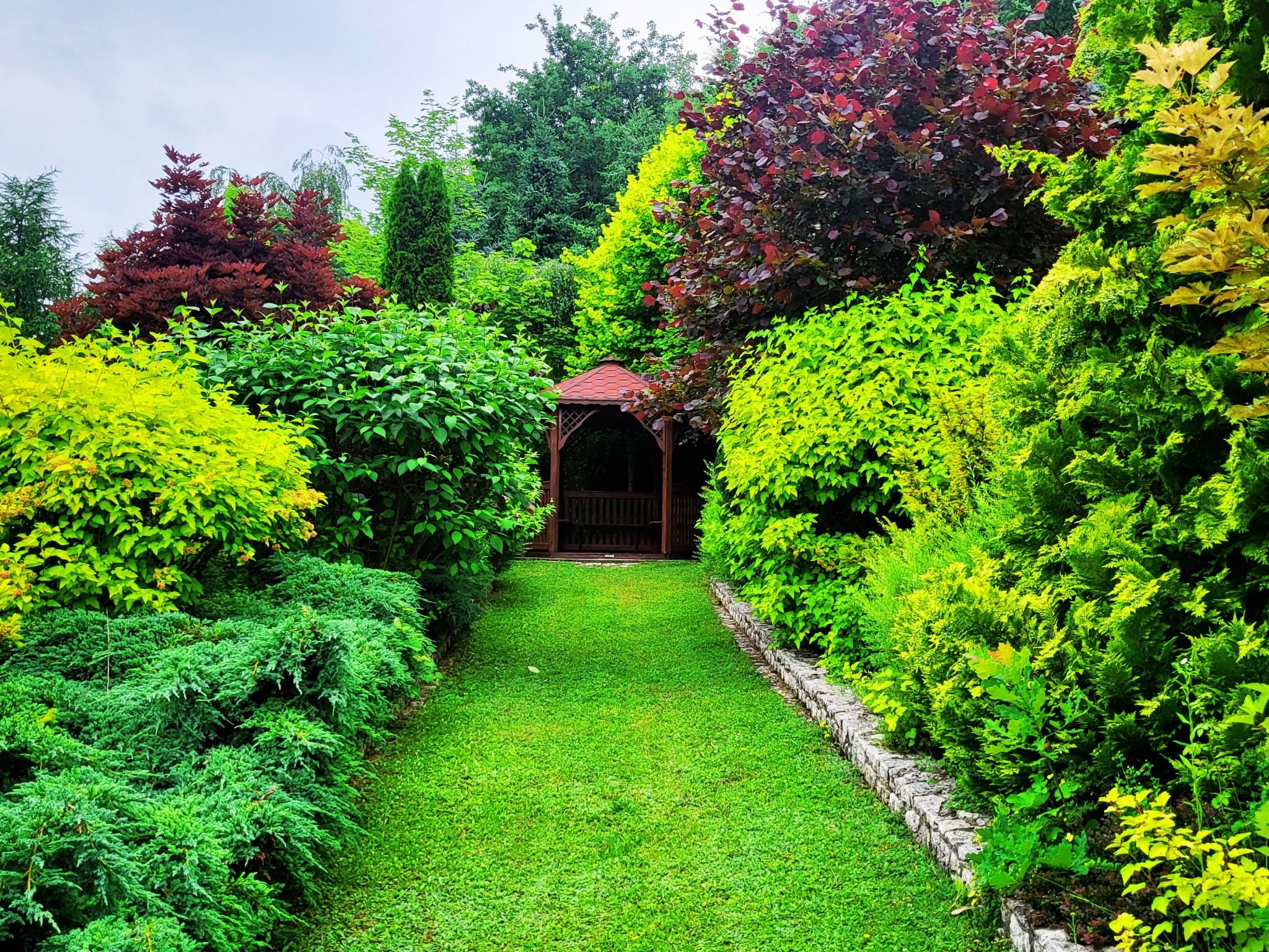 Zielony trawnik prowadzący do drewnianej altany otoczonej różnorodną roślinnością, w tym krzewami o czerwonych i żółtych liściach.